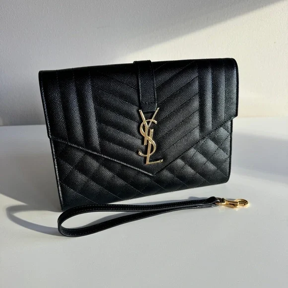 Yves Saint Laurent Black Quilted Clutch with Gold Logo - Picture 6 of 8